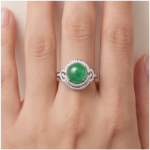 Round Green Jade Cabochon Swirl Halo Ring in Rhodium-Plated Sterling Silver - Image 2