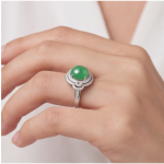 Round Green Jade Cabochon Swirl Halo Ring in Rhodium-Plated Sterling Silver - Image 5