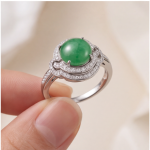 Round Green Jade Cabochon Swirl Halo Ring in Rhodium-Plated Sterling Silver - Image 8