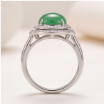Round Green Jade Cabochon Swirl Halo Ring in Rhodium-Plated Sterling Silver - Image 4