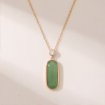 Elongated Green Jade Bar Pendant Necklace in Gold Tone