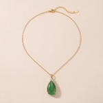 Pear-Shaped Green Jade Drop Pendant Necklace in Gold Tone