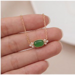 East-West Green Jade Station Necklace with Cubic Zirconia in Gold Tone - Image 4