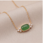 East-West Green Jade Station Necklace with Cubic Zirconia in Gold Tone