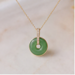 Green Jade Donut Pendant Necklace with Pave Bail in Gold Tone