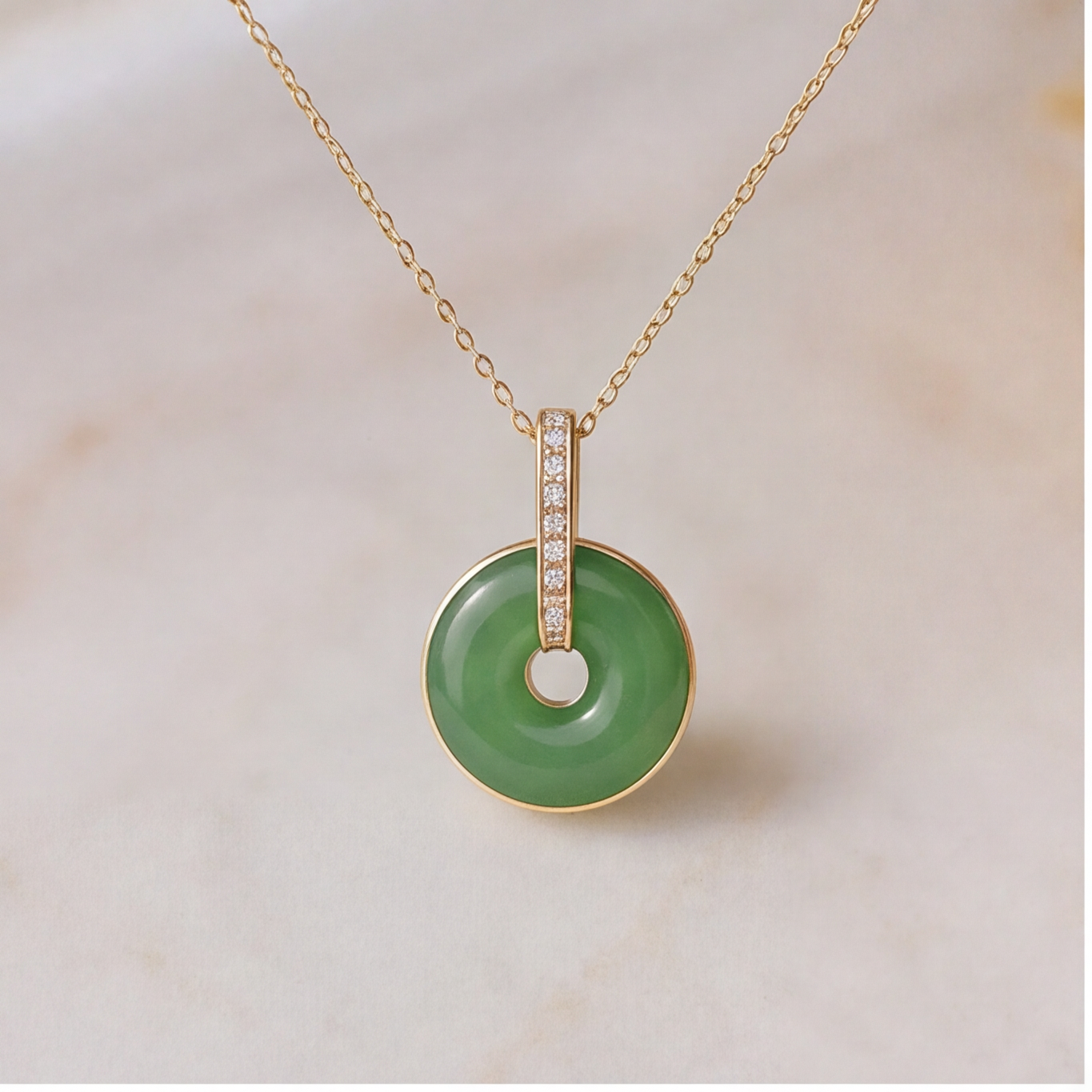 1786354824_56a5214b-1 Green Jade Donut Pendant Necklace with Pave Bail in Gold Tone - Image 1