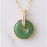 Green Jade Donut Pendant Necklace with Pave Bail in Gold Tone - Image 5