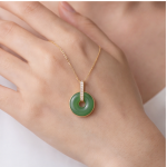 Green Jade Donut Pendant Necklace with Pave Bail in Gold Tone - Image 3