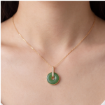 Green Jade Donut Pendant Necklace with Pave Bail in Gold Tone - Image 2