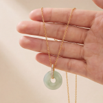 Icy Green Jade Donut Necklace with Pave Bail in Gold Tone - Image 2