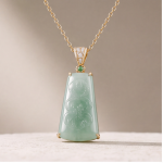 Carved Pale Jade Tablet Pendant Necklace in Gold Tone - 图片 7