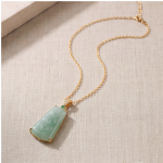 Carved Pale Jade Tablet Pendant Necklace in Gold Tone