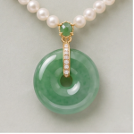 Green Jade Donut Pendant on Cultured Pearl Necklace in Gold Tone - Image 3