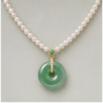 Green Jade Donut Pendant on Cultured Pearl Necklace in Gold Tone