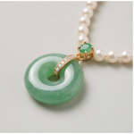 Green Jade Donut Pendant on Cultured Pearl Necklace in Gold Tone - Image 5