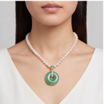 Green Jade Donut Pendant on Cultured Pearl Necklace in Gold Tone - Image 2