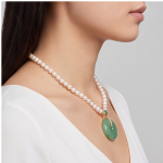 Green Jade Donut Pendant on Cultured Pearl Necklace in Gold Tone - Image 4