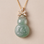 Carved Jade Gourd Pendant Necklace with Floral Bail in Gold Tone - Image 3