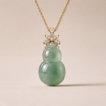 Carved Jade Gourd Pendant Necklace with Floral Bail in Gold Tone