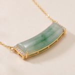 Curved Green Jade Bar Necklace with Cubic Zirconia Ends in Gold Tone - Image 3