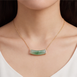 Curved Green Jade Bar Necklace with Cubic Zirconia Ends in Gold Tone - Image 2