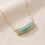 Curved Green Jade Bar Necklace with Cubic Zirconia Ends in Gold Tone