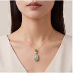 Oval Jade Cabochon Drop Pendant Necklace in Gold Tone - 图片 2