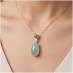 Oval Jade Cabochon Drop Pendant Necklace in Gold Tone - 图片 5