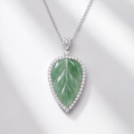 Carved Jade Leaf Pendant Necklace with Cubic Zirconia Halo in Sterling Silver