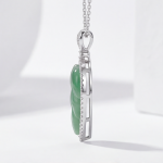 Carved Jade Leaf Pendant Necklace with Cubic Zirconia Halo in Sterling Silver - Image 7