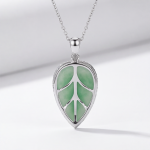 Carved Jade Leaf Pendant Necklace with Cubic Zirconia Halo in Sterling Silver - Image 5