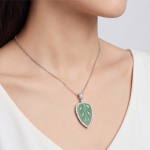 Carved Jade Leaf Pendant Necklace with Cubic Zirconia Halo in Sterling Silver - Image 4