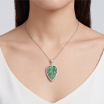 Carved Jade Leaf Pendant Necklace with Cubic Zirconia Halo in Sterling Silver - Image 2