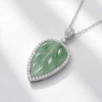 Carved Jade Leaf Pendant Necklace with Cubic Zirconia Halo in Sterling Silver - Image 3