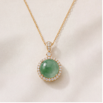 Round Jade Cabochon Halo Pendant Necklace in Gold Tone