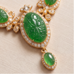 Carved Jade Statement Collar Necklace with Cubic Zirconia in Gold Tone - Image 6