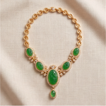 Carved Jade Statement Collar Necklace with Cubic Zirconia in Gold Tone