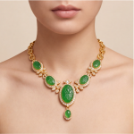 Carved Jade Statement Collar Necklace with Cubic Zirconia in Gold Tone - Image 2
