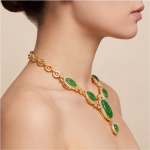 Carved Jade Statement Collar Necklace with Cubic Zirconia in Gold Tone - Image 5