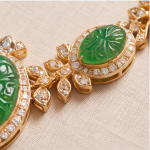 Carved Jade Statement Collar Necklace with Cubic Zirconia in Gold Tone - Image 4
