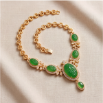 Carved Jade Statement Collar Necklace with Cubic Zirconia in Gold Tone - Image 3