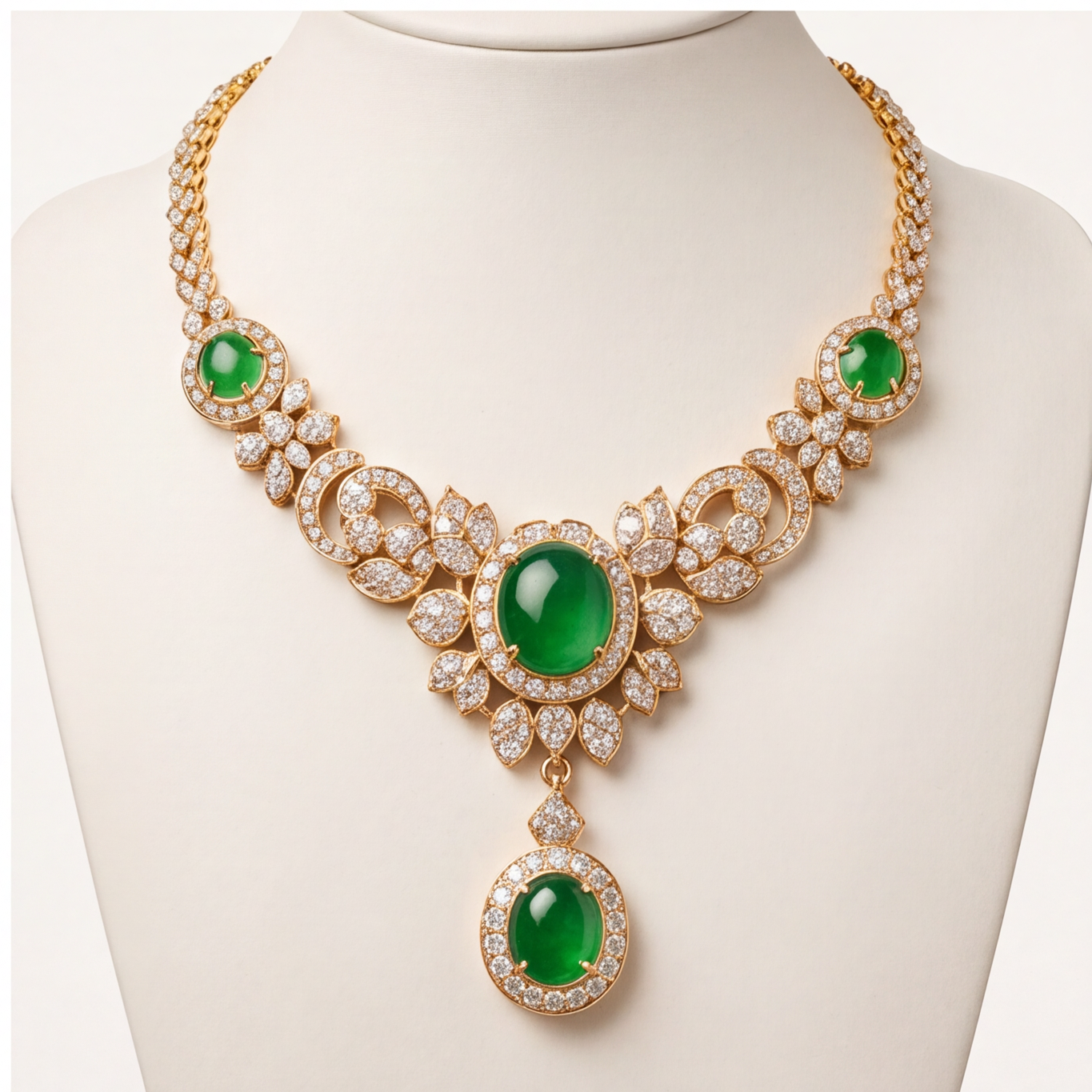 1786356329_b0674d64-9 Oval Jade Cabochon Garland Necklace with Cubic Zirconia in Gold Tone - Image 1