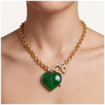 Carved Jade Heart Pendant on Chunky Gold Rolo Chain - 图片 2