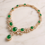 Oval Jade and Marquise Cubic Zirconia Statement Necklace in Gold Tone