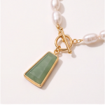 Freshwater Pearl Necklace with Tapered Green Jade Pendant and Toggle Clasp - Image 3