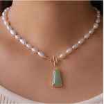 Freshwater Pearl Necklace with Tapered Green Jade Pendant and Toggle Clasp - Image 2