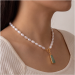 Freshwater Pearl Necklace with Tapered Green Jade Pendant and Toggle Clasp - Image 5