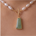 Freshwater Pearl Necklace with Tapered Green Jade Pendant and Toggle Clasp - Image 8