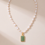 Rectangular Green Jade Pendant on Freshwater Pearl Necklace
