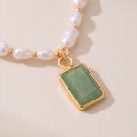 Rectangular Green Jade Pendant on Freshwater Pearl Necklace - 图片 3
